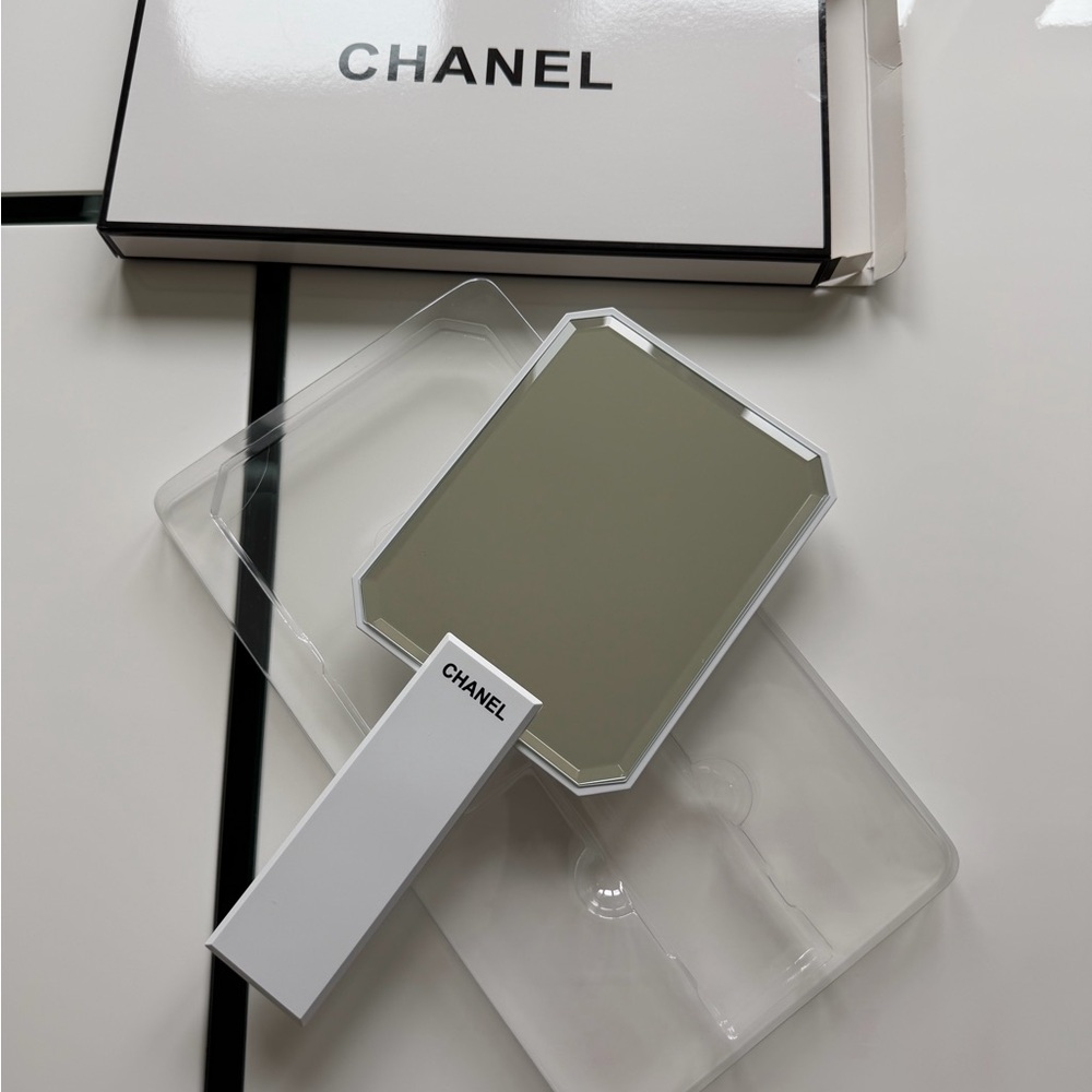 CHANEL White Hand Mirror with Black Logo